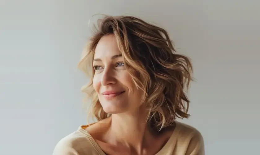 Femme d'une quarantaine d'années au sourire apaisé, regard tourné vers la lumière